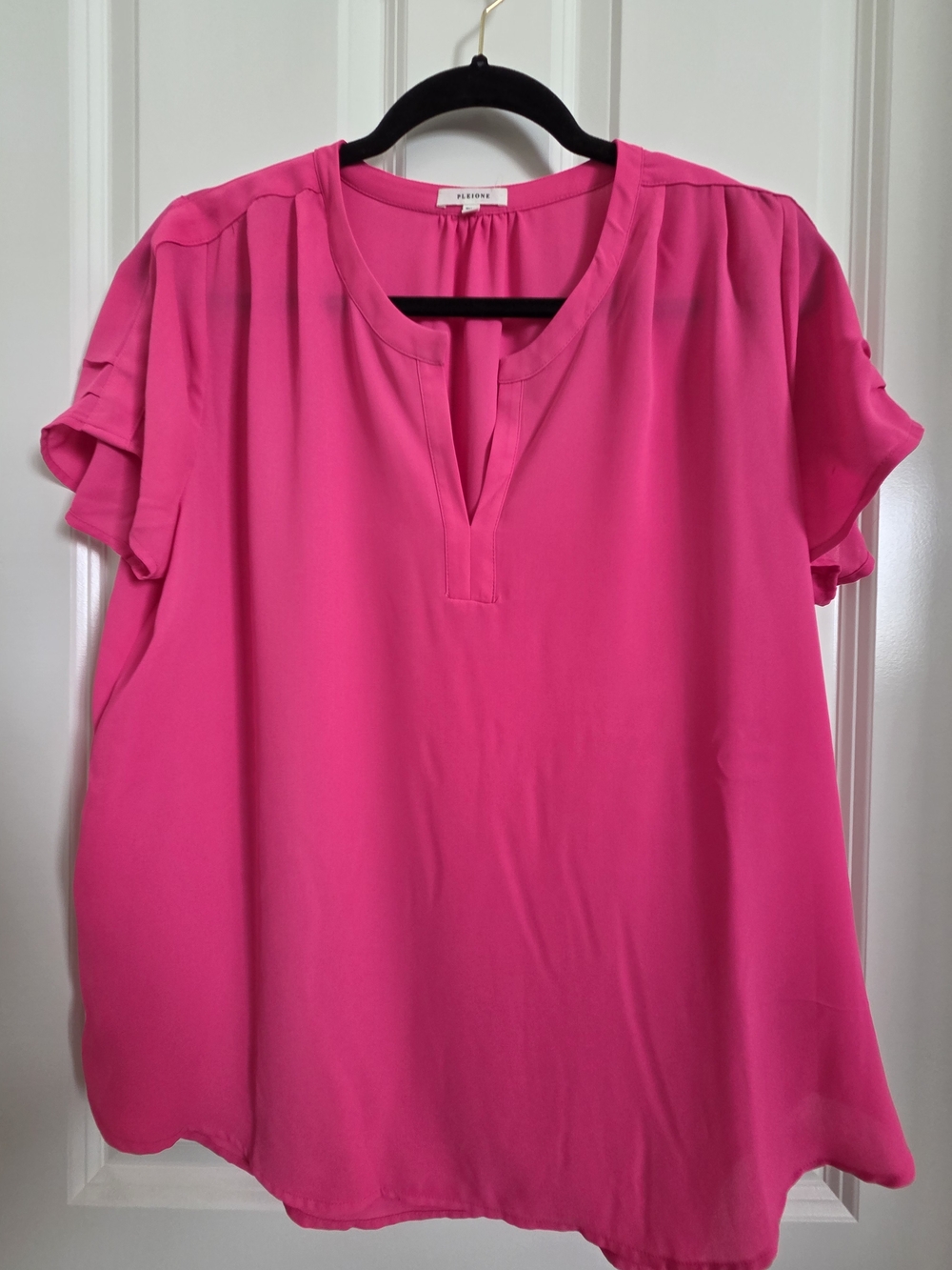 Pleione Hot Pink Split-Neck Short Sleeve Blouse